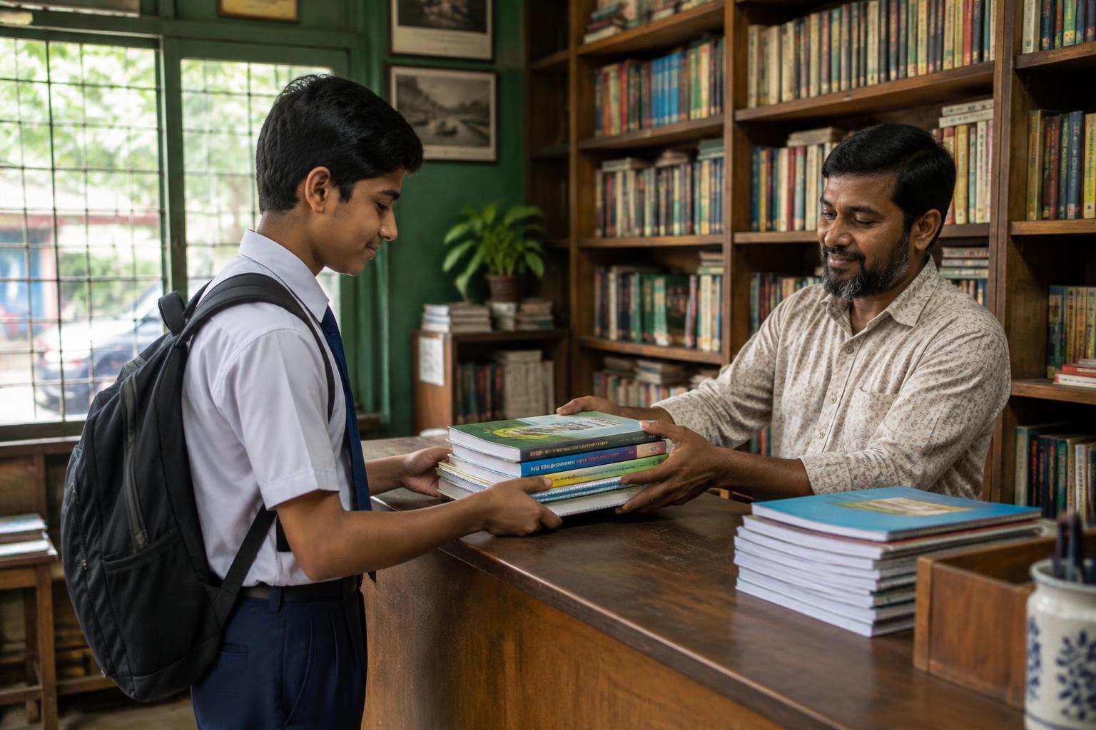 লাইব্রেরিতে শিক্ষার্থী বই দেখছে ও কিনছে